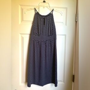 Navy blue, white polka dotted knee length dress